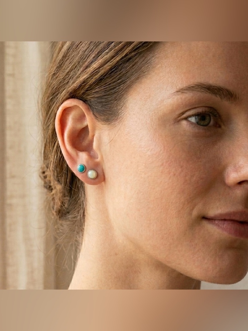Two Pairs Faceted Stud Earrings Turquoise and Cream Minimalist Jewelry Accessory